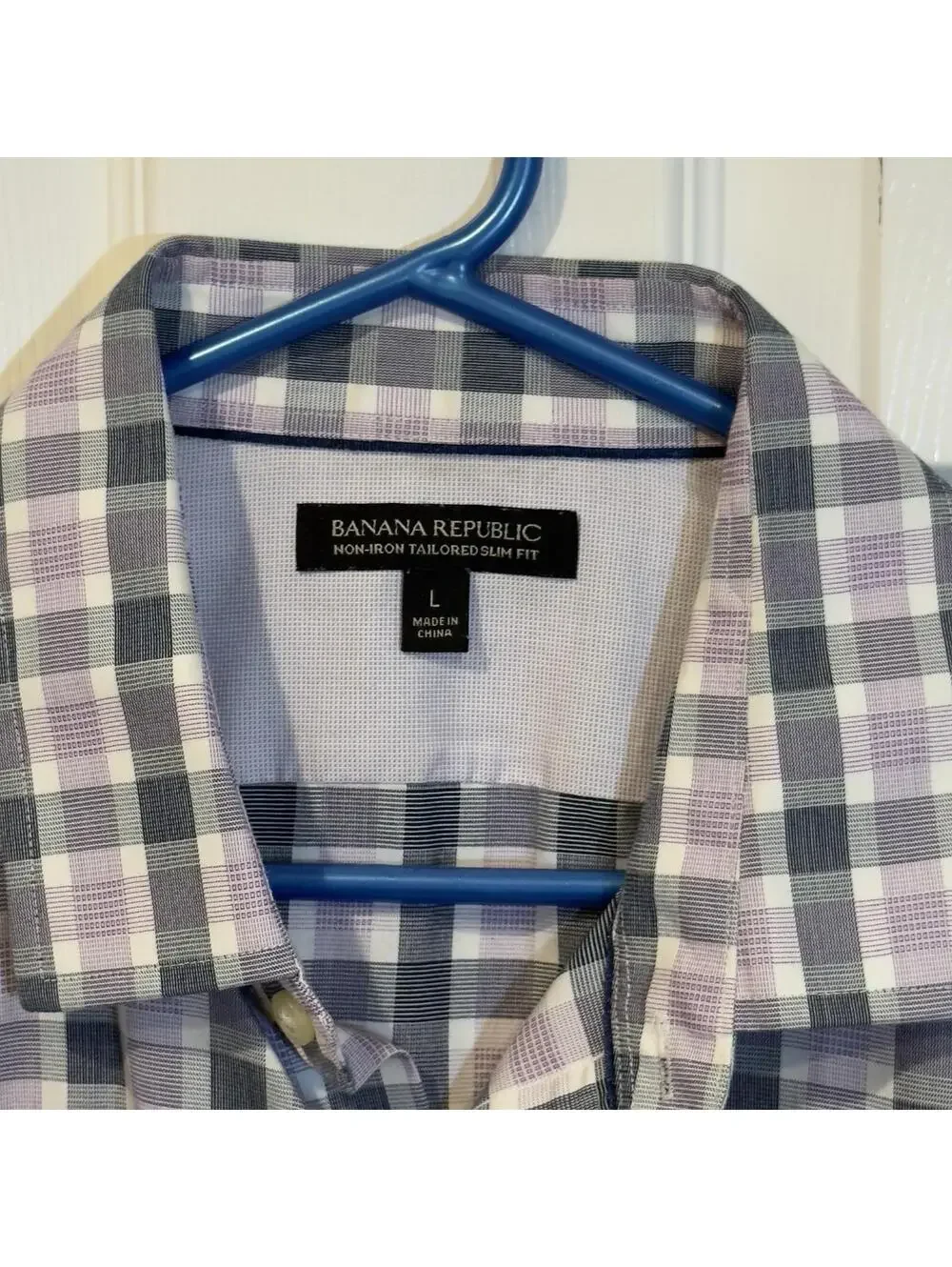 Banana Republic shirt Men L Non-Iron Tailored Slim Fit purple gray Check Pattern